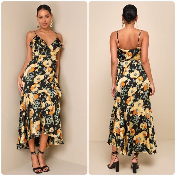Lulus Perfectly Curated Black Floral Print Ruffled High-Low Wrap Dress NWT S - Picture 1 of 12